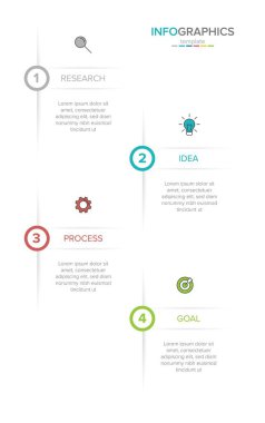 Simgeli ve 4 seçenekli dikey bilgi tasarımı. İnce çizgi. Bilgi işlem iş konsepti. Bilgi grafikleri, akış grafikleri, sunumlar, mobil web siteleri, yazdırılmış materyaller için kullanılabilir