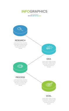 Simgeli ve 4 seçenekli dikey bilgi tasarımı. İnce çizgi. Bilgi işlem iş konsepti. Bilgi grafikleri, akış grafikleri, sunumlar, mobil web siteleri, yazdırılmış materyaller için kullanılabilir