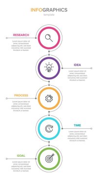 Simgeli ve 5 basamaklı dikey bilgi tasarımı. İnce çizgi. Bilgi işlem iş konsepti. Bilgi grafikleri, akış grafikleri, sunumlar, mobil web siteleri, yazdırılmış materyaller için kullanılabilir