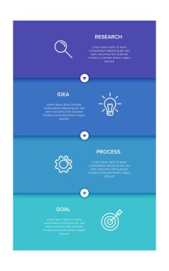 Simgeli ve 4 seçenekli dikey bilgi tasarımı. İnce çizgi. Bilgi işlem iş konsepti. Bilgi grafikleri, akış grafikleri, sunumlar, mobil web siteleri, yazdırılmış materyaller için kullanılabilir
