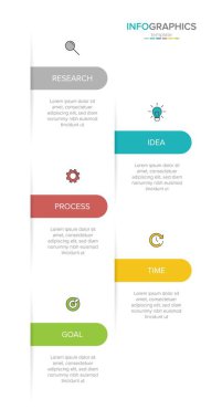 Simgeli ve 5 basamaklı dikey bilgi tasarımı. İnce çizgi. Bilgi işlem iş konsepti. Bilgi grafikleri, akış grafikleri, sunumlar, mobil web siteleri, yazdırılmış materyaller için kullanılabilir