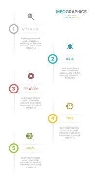 Simgeli ve 5 basamaklı dikey bilgi tasarımı. İnce çizgi. Bilgi işlem iş konsepti. Bilgi grafikleri, akış grafikleri, sunumlar, mobil web siteleri, yazdırılmış materyaller için kullanılabilir