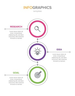 Simgeli ve 3 basamaklı dikey bilgi tasarımı. İnce çizgi. Bilgi işlem iş konsepti. Bilgi grafikleri, akış grafikleri, sunumlar, mobil web siteleri, yazdırılmış materyaller için kullanılabilir