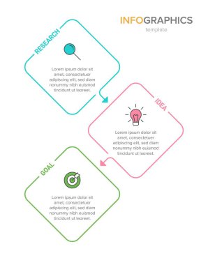 Simgeli ve 3 basamaklı dikey bilgi tasarımı. İnce çizgi. Bilgi işlem iş konsepti. Bilgi grafikleri, akış grafikleri, sunumlar, mobil web siteleri, yazdırılmış materyaller için kullanılabilir