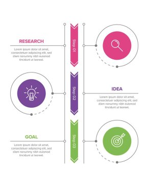 Simgeli ve 3 basamaklı dikey bilgi tasarımı. İnce çizgi. Bilgi işlem iş konsepti. Bilgi grafikleri, akış grafikleri, sunumlar, mobil web siteleri, yazdırılmış materyaller için kullanılabilir