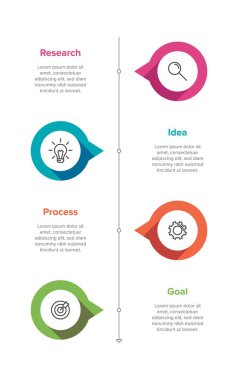 Simgeli ve 4 seçenekli dikey bilgi tasarımı. İnce çizgi. Bilgi işlem iş konsepti. Bilgi grafikleri, akış grafikleri, sunumlar, mobil web siteleri, yazdırılmış materyaller için kullanılabilir