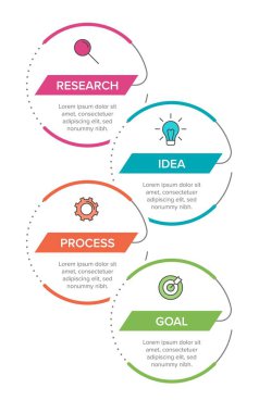 Simgeli ve 4 seçenekli dikey bilgi tasarımı. İnce çizgi. Bilgi işlem iş konsepti. Bilgi grafikleri, akış grafikleri, sunumlar, mobil web siteleri, yazdırılmış materyaller için kullanılabilir