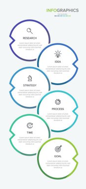 Simgeli ve 6 basamaklı dikey bilgi tasarımı. İnce çizgi. Bilgi işlem iş konsepti. Bilgi grafikleri, akış grafikleri, sunumlar, mobil web siteleri, yazdırılmış materyaller için kullanılabilir