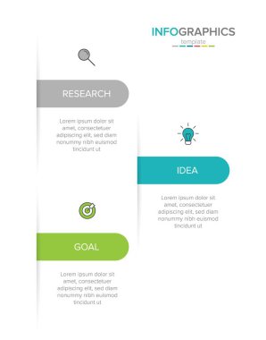 Simgeli ve 3 basamaklı dikey bilgi tasarımı. İnce çizgi. Bilgi işlem iş konsepti. Bilgi grafikleri, akış grafikleri, sunumlar, mobil web siteleri, yazdırılmış materyaller için kullanılabilir