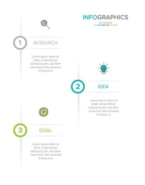 Simgeli ve 3 basamaklı dikey bilgi tasarımı. İnce çizgi. Bilgi işlem iş konsepti. Bilgi grafikleri, akış grafikleri, sunumlar, mobil web siteleri, yazdırılmış materyaller için kullanılabilir