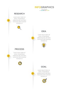 Simgeli ve 4 seçenekli dikey bilgi tasarımı. İnce çizgi. Bilgi işlem iş konsepti. Bilgi grafikleri, akış grafikleri, sunumlar, mobil web siteleri, yazdırılmış materyaller için kullanılabilir