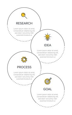 Simgeli ve 4 seçenekli dikey bilgi tasarımı. İnce çizgi. Bilgi işlem iş konsepti. Bilgi grafikleri, akış grafikleri, sunumlar, mobil web siteleri, yazdırılmış materyaller için kullanılabilir