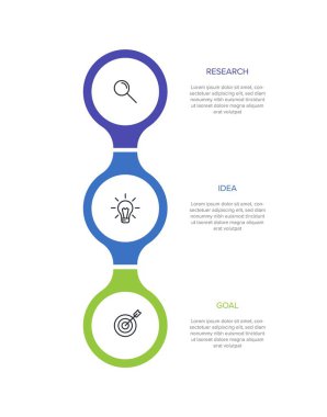 Simgeli ve 3 basamaklı dikey bilgi tasarımı. İnce çizgi. Bilgi işlem iş konsepti. Bilgi grafikleri, akış grafikleri, sunumlar, mobil web siteleri, yazdırılmış materyaller için kullanılabilir