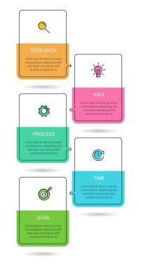 Simgeli ve 5 basamaklı dikey bilgi tasarımı. İnce çizgi. Bilgi işlem iş konsepti. Bilgi grafikleri, akış grafikleri, sunumlar, mobil web siteleri, yazdırılmış materyaller için kullanılabilir