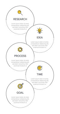 Simgeli ve 5 basamaklı dikey bilgi tasarımı. İnce çizgi. Bilgi işlem iş konsepti. Bilgi grafikleri, akış grafikleri, sunumlar, mobil web siteleri, yazdırılmış materyaller için kullanılabilir