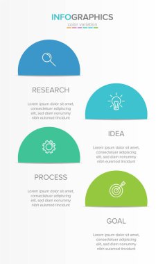 Simgeli ve 4 seçenekli dikey bilgi tasarımı. İnce çizgi. Bilgi işlem iş konsepti. Bilgi grafikleri, akış grafikleri, sunumlar, mobil web siteleri, yazdırılmış materyaller için kullanılabilir