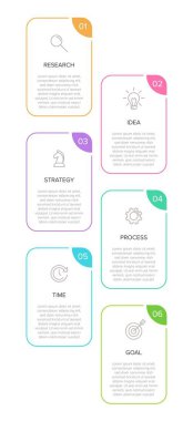 Simgeli ve 6 basamaklı dikey bilgi tasarımı. İnce çizgi. Bilgi işlem iş konsepti. Bilgi grafikleri, akış grafikleri, sunumlar, mobil web siteleri, yazdırılmış materyaller için kullanılabilir