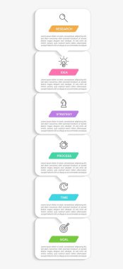 Simgeli ve 6 basamaklı dikey bilgi tasarımı. İnce çizgi. Bilgi işlem iş konsepti. Bilgi grafikleri, akış grafikleri, sunumlar, mobil web siteleri, yazdırılmış materyaller için kullanılabilir