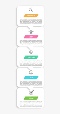 Simgeli ve 5 basamaklı dikey bilgi tasarımı. İnce çizgi. Bilgi işlem iş konsepti. Bilgi grafikleri, akış grafikleri, sunumlar, mobil web siteleri, yazdırılmış materyaller için kullanılabilir