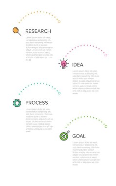 Simgeli ve 4 seçenekli dikey bilgi tasarımı. İnce çizgi. Bilgi işlem iş konsepti. Bilgi grafikleri, akış grafikleri, sunumlar, mobil web siteleri, yazdırılmış materyaller için kullanılabilir