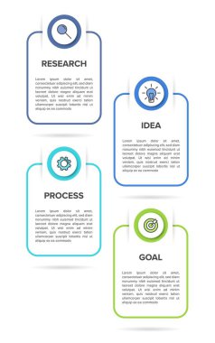 Simgeli ve 4 seçenekli dikey bilgi tasarımı. İnce çizgi. Bilgi işlem iş konsepti. Bilgi grafikleri, akış grafikleri, sunumlar, mobil web siteleri, yazdırılmış materyaller için kullanılabilir