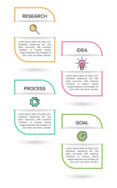 Simgeli ve 4 seçenekli dikey bilgi tasarımı. İnce çizgi. Bilgi işlem iş konsepti. Bilgi grafikleri, akış grafikleri, sunumlar, mobil web siteleri, yazdırılmış materyaller için kullanılabilir