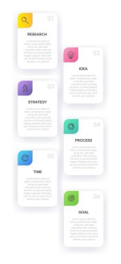 Simgeli ve 6 basamaklı dikey bilgi tasarımı. İnce çizgi. Bilgi işlem iş konsepti. Bilgi grafikleri, akış grafikleri, sunumlar, mobil web siteleri, yazdırılmış materyaller için kullanılabilir