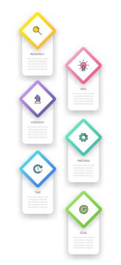 Simgeli ve 6 basamaklı dikey bilgi tasarımı. İnce çizgi. Bilgi işlem iş konsepti. Bilgi grafikleri, akış grafikleri, sunumlar, mobil web siteleri, yazdırılmış materyaller için kullanılabilir