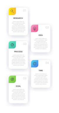 Simgeli ve 5 basamaklı dikey bilgi tasarımı. İnce çizgi. Bilgi işlem iş konsepti. Bilgi grafikleri, akış grafikleri, sunumlar, mobil web siteleri, yazdırılmış materyaller için kullanılabilir