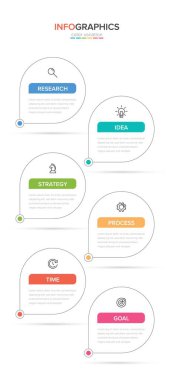 Simgeli ve 6 basamaklı dikey bilgi tasarımı. İnce çizgi. Bilgi işlem iş konsepti. Bilgi grafikleri, akış grafikleri, sunumlar, mobil web siteleri, yazdırılmış materyaller için kullanılabilir