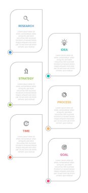 Simgeli ve 6 basamaklı dikey bilgi tasarımı. İnce çizgi. Bilgi işlem iş konsepti. Bilgi grafikleri, akış grafikleri, sunumlar, mobil web siteleri, yazdırılmış materyaller için kullanılabilir