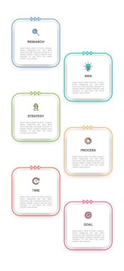 Simgeli ve 6 basamaklı dikey bilgi tasarımı. İnce çizgi. Bilgi işlem iş konsepti. Bilgi grafikleri, akış grafikleri, sunumlar, mobil web siteleri, yazdırılmış materyaller için kullanılabilir