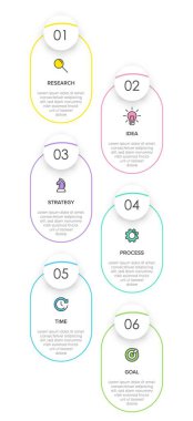 Simgeli ve 6 basamaklı dikey bilgi tasarımı. İnce çizgi. Bilgi işlem iş konsepti. Bilgi grafikleri, akış grafikleri, sunumlar, mobil web siteleri, yazdırılmış materyaller için kullanılabilir