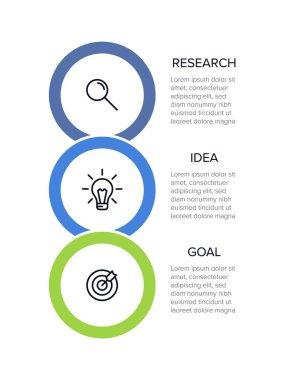 Simgeli ve 3 basamaklı dikey bilgi tasarımı. İnce çizgi. Bilgi işlem iş konsepti. Bilgi grafikleri, akış grafikleri, sunumlar, mobil web siteleri, yazdırılmış materyaller için kullanılabilir