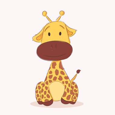 Cute funny baby giraffe. Wild african adorable animal character for design of album, scrapbook, card and invitation. Hand draw cartoon colorful vector illustration