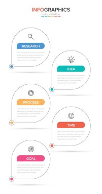 Simgeli ve 5 basamaklı dikey bilgi tasarımı. İnce çizgi. Bilgi işlem iş konsepti. Bilgi grafikleri, akış grafikleri, sunumlar, mobil web siteleri, yazdırılmış materyaller için kullanılabilir