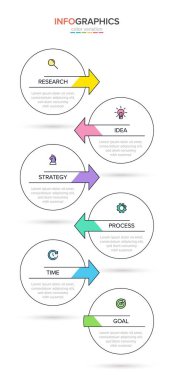 Simgeli ve 6 basamaklı dikey bilgi tasarımı. İnce çizgi. Bilgi işlem iş konsepti. Bilgi grafikleri, akış grafikleri, sunumlar, mobil web siteleri, yazdırılmış materyaller için kullanılabilir