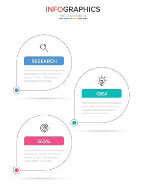 Simgeli ve 3 basamaklı dikey bilgi tasarımı. İnce çizgi. Bilgi işlem iş konsepti. Bilgi grafikleri, akış grafikleri, sunumlar, mobil web siteleri, yazdırılmış materyaller için kullanılabilir