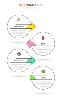 Simgeli ve 4 seçenekli dikey bilgi tasarımı. İnce çizgi. Bilgi işlem iş konsepti. Bilgi grafikleri, akış grafikleri, sunumlar, mobil web siteleri, yazdırılmış materyaller için kullanılabilir