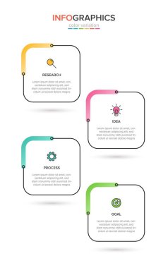 Simgeli ve 4 seçenekli dikey bilgi tasarımı. İnce çizgi. Bilgi işlem iş konsepti. Bilgi grafikleri, akış grafikleri, sunumlar, mobil web siteleri, yazdırılmış materyaller için kullanılabilir