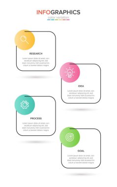 Simgeli ve 4 seçenekli dikey bilgi tasarımı. İnce çizgi. Bilgi işlem iş konsepti. Bilgi grafikleri, akış grafikleri, sunumlar, mobil web siteleri, yazdırılmış materyaller için kullanılabilir