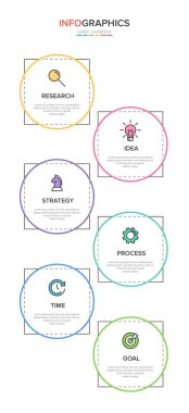 Simgeli ve 6 basamaklı dikey bilgi tasarımı. İnce çizgi. Bilgi işlem iş konsepti. Bilgi grafikleri, akış grafikleri, sunumlar, mobil web siteleri, yazdırılmış materyaller için kullanılabilir