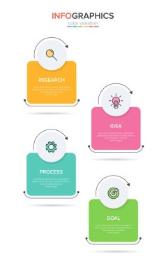 Simgeli ve 4 seçenekli dikey bilgi tasarımı. İnce çizgi. Bilgi işlem iş konsepti. Bilgi grafikleri, akış grafikleri, sunumlar, mobil web siteleri, yazdırılmış materyaller için kullanılabilir