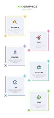 Simgeli ve 6 basamaklı dikey bilgi tasarımı. İnce çizgi. Bilgi işlem iş konsepti. Bilgi grafikleri, akış grafikleri, sunumlar, mobil web siteleri, yazdırılmış materyaller için kullanılabilir