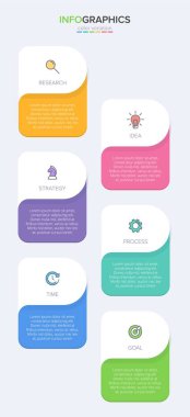 Simgeli ve 6 basamaklı dikey bilgi tasarımı. İnce çizgi. Bilgi işlem iş konsepti. Bilgi grafikleri, akış grafikleri, sunumlar, mobil web siteleri, yazdırılmış materyaller için kullanılabilir