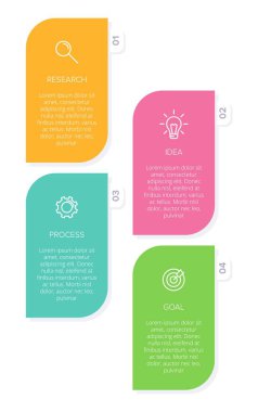 Simgeli ve 4 seçenekli dikey bilgi tasarımı. İnce çizgi. Bilgi işlem iş konsepti. Bilgi grafikleri, akış grafikleri, sunumlar, mobil web siteleri, yazdırılmış materyaller için kullanılabilir