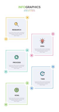 Simgeli ve 5 basamaklı dikey bilgi tasarımı. İnce çizgi. Bilgi işlem iş konsepti. Bilgi grafikleri, akış grafikleri, sunumlar, mobil web siteleri, yazdırılmış materyaller için kullanılabilir