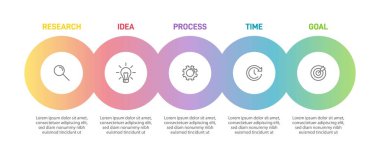 Simgeli ve 5 basamaklı dikey bilgi tasarımı. İnce çizgi. Bilgi işlem iş konsepti. Bilgi grafikleri, akış grafikleri, sunumlar, mobil web siteleri, yazdırılmış materyaller için kullanılabilir