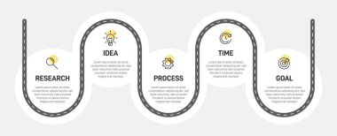Simgeli ve 5 basamaklı dikey bilgi tasarımı. İnce çizgi. Bilgi işlem iş konsepti. Bilgi grafikleri, akış grafikleri, sunumlar, mobil web siteleri, yazdırılmış materyaller için kullanılabilir