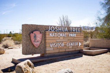 Joshua Tree National Park, California, United States - 03-15-2021: A view of an entrance sign for the Joshua Tree National Park Visitor Center.